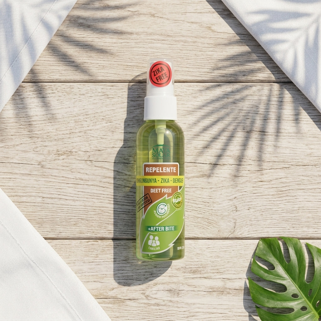 Maya Solar repellent spray on a sunny wooden table with palm shadows — Cancún beach setting