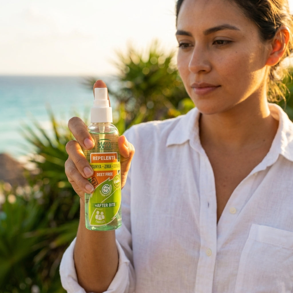 Woman holding Maya Solar repellent at the beach at sunset in Cancún