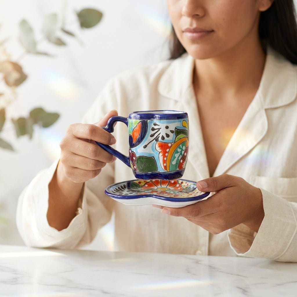 Hand-Painted Talavera Heart Tea Set for 4 (Cups & Saucers)