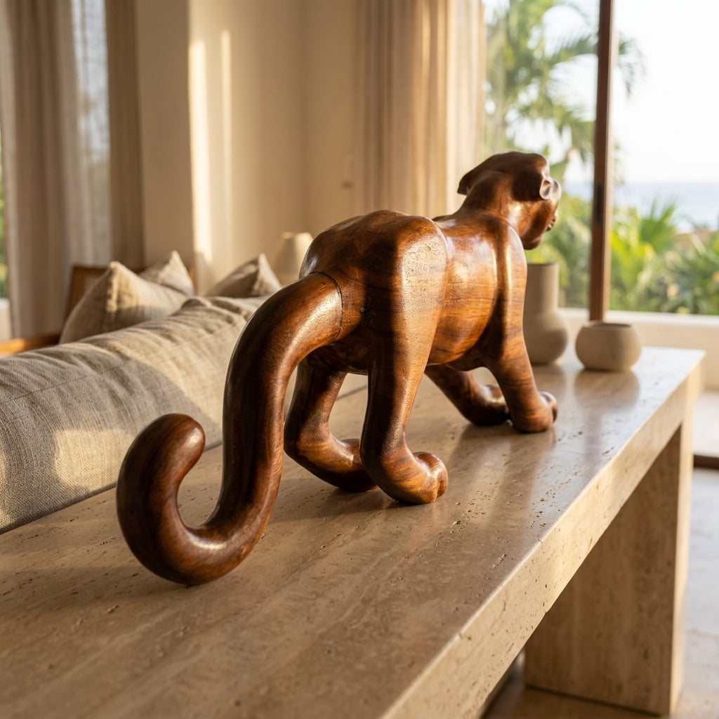 Hand-Carved Wooden Jaguar Figure — Varnished Cedar (83cm)