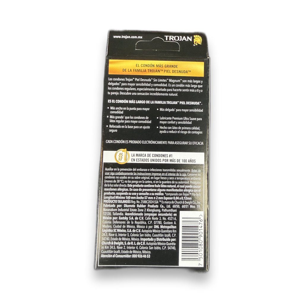 Trojan Magnum Piel Desnuda condom box back — the largest in the Piel Desnuda line.